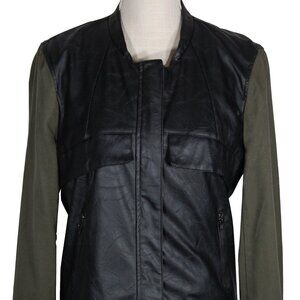 Sans Souci Black Faux Leather Green Army Sleeves Hidden Zip Jacket - Size L